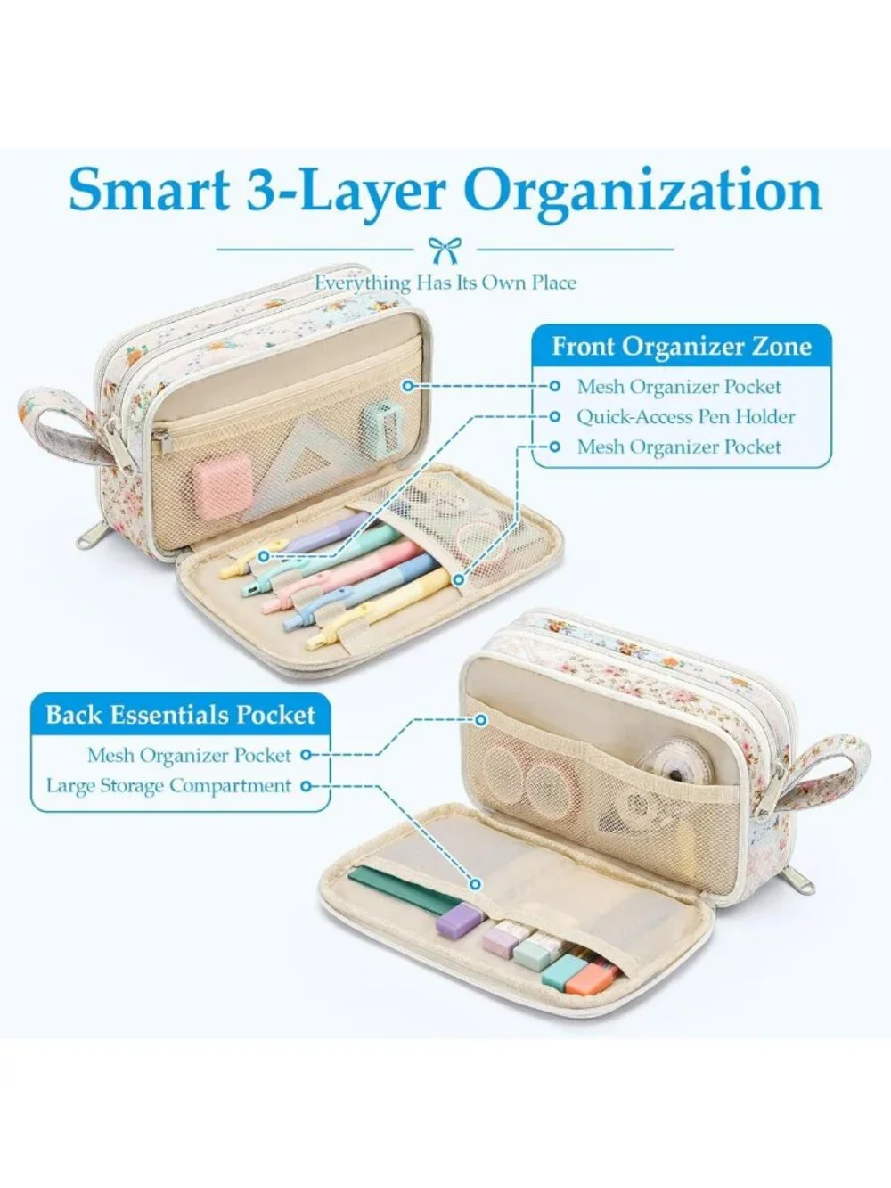 Cute Quilted Pencil Case for Girls | Large Capacity 3 Compartment Organizer